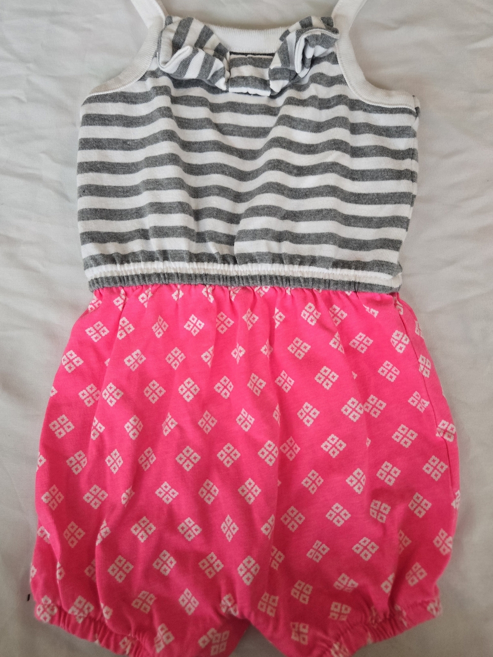 Cherokee Gray-White Striped Top with Hot Pink Patterned Bottom Romper